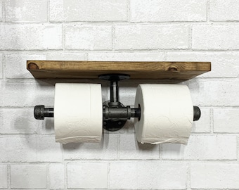 Industrial Pipe Double Toilet Paper Holder with Rustic Wood Shelf