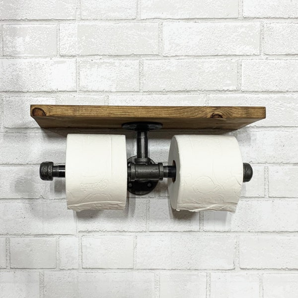 Industrial Pipe Double Toilet Paper Holder with Rustic Wood Shelf