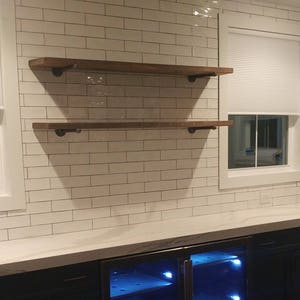 One Long Custom Industrial Farmhouse Rustic Shelf with 2 pipe brackets, Wall Shelf for Kitchen, Bathroom, Coffee Bar, Media Room image 6