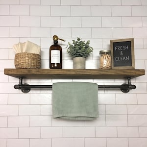 Rustic Industrial Floating Top Shelf with Lower Hanging Bar - Laundry Room Organizer