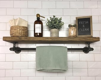 Rustic Industrial Floating Top Shelf with Lower Hanging Bar - Laundry Room Organizer