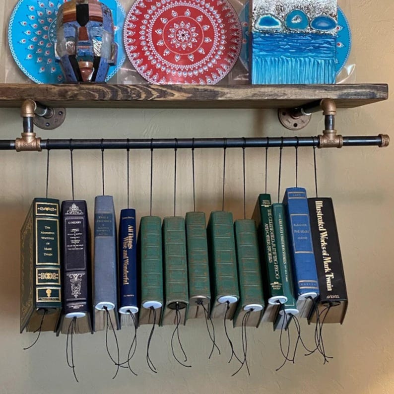 Rustic Brass & Iron Laundry Shelf: Industrial Floating Bookcase with Lower Bar image 2