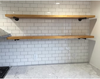 Rustic Pine Floating Shelf with Pipe Brackets, Industrial Farmhouse Style