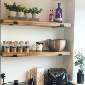 Rustic Pine Floating Shelf: Farmhouse Decor with Metal J Brackets