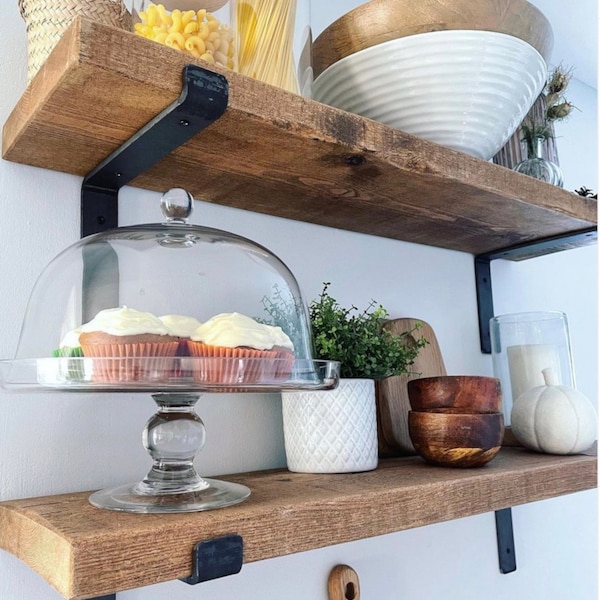 Long Fixer Upper Industrial Rustic Floating Shelf with Flat Iron brackets. Bathroom or Kitchen Storage, Modern Farmhouse custom shelf