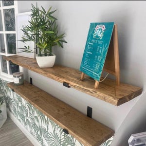 HEAVY DUTY Rustic floating shelf with two ROBUST J Shaped brackets, Handmade Farmhouse and Apartment Decor Shelving
