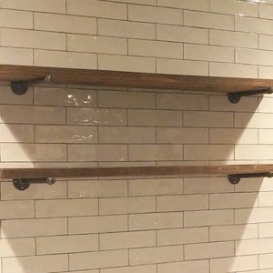 One Long Custom Industrial Farmhouse Rustic Shelf with 2 pipe brackets, Wall Shelf for Kitchen, Bathroom, Coffee Bar, Media Room image 3