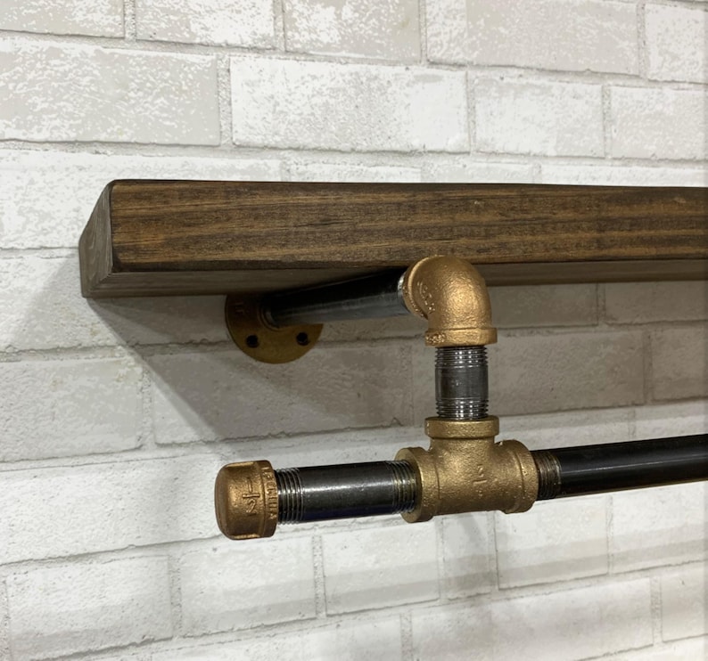 Rustic Brass & Iron Laundry Shelf: Industrial Floating Bookcase with Lower Bar image 4