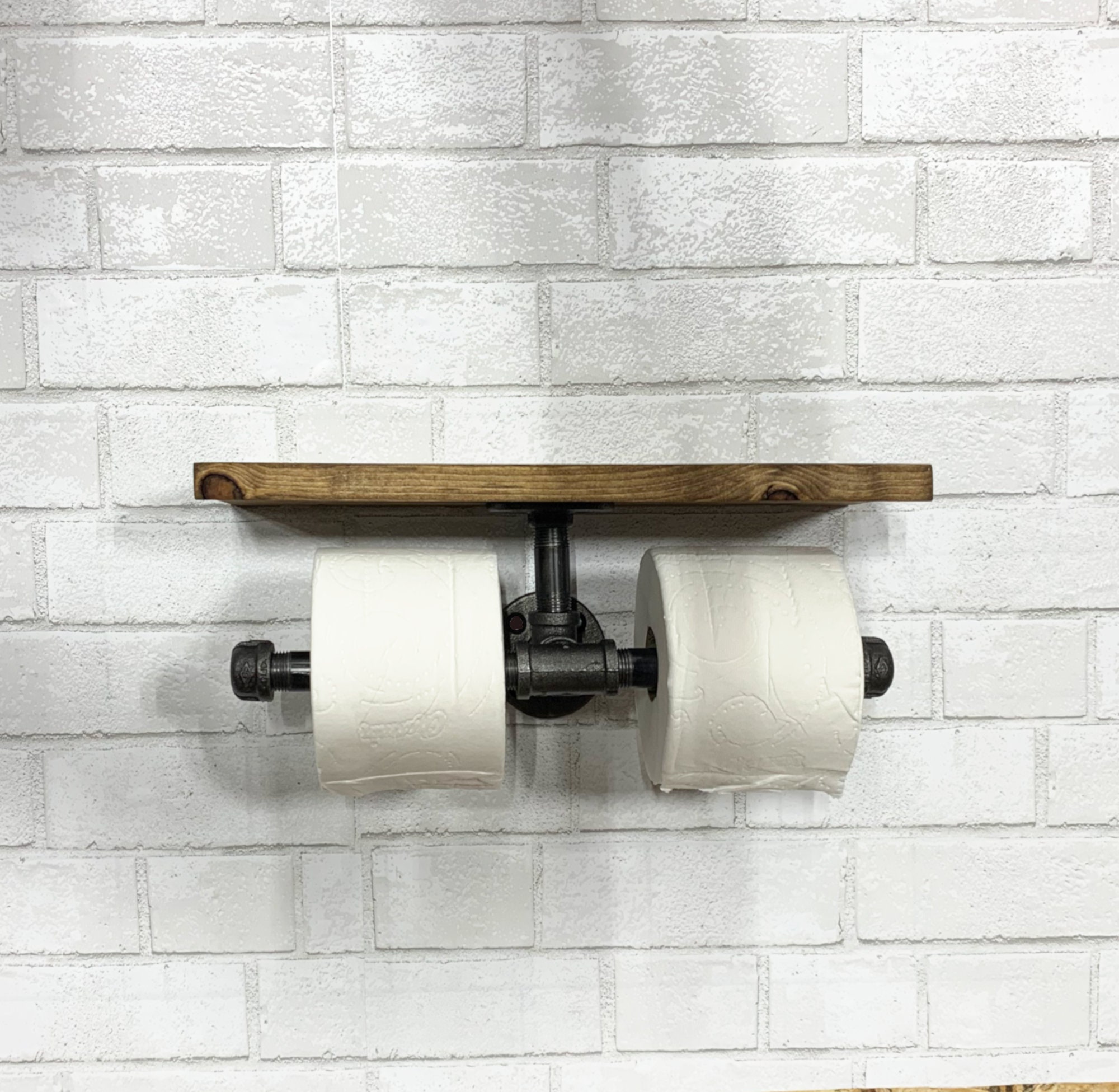 Industrial Steel Pipe Double Toilet Paper Holder With Rustic Top