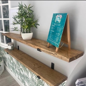 Rustic Floating Shelf with Blacksmith Flat Iron brackets, Farmhouse wall shelving, J shaped bracket wooden shelf, Custom Modern Shelving