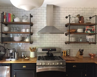 Rustic Wall Unit Various depths w/ three shelves.  Farmhouse floating shelf. Kitchen open shelves, office bookcase, coffee bar shelves