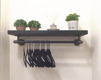 Rustic Laundry Room Shelf with Clothes Drying Bar: Industrial Farmhouse Storage