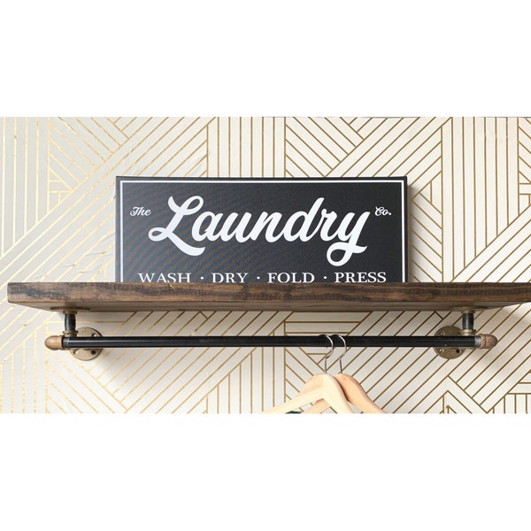 Brass Fitting with Iron Pipe  Laundry Room Rack, Clothes Drying Bar, Towel Bar, Floating Farmshelf with bar. Various depths