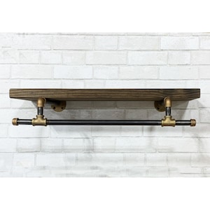 Rustic Brass & Iron Laundry Shelf: Industrial Floating Bookcase with Lower Bar