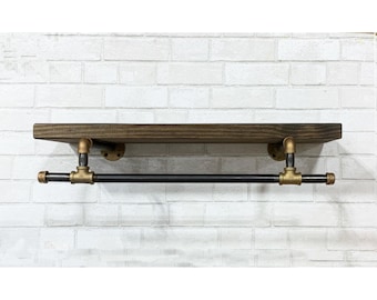 Rustic Brass & Iron Laundry Shelf: Industrial Floating Bookcase with Lower Bar