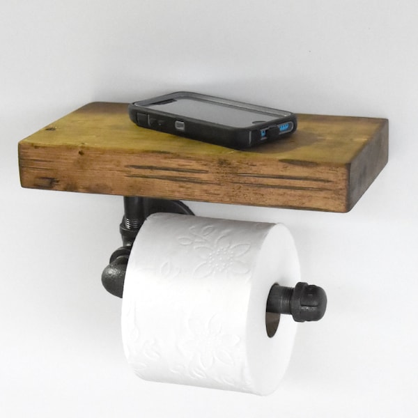 Industrial Steel Pipe Toilet Paper Holder with Rustic Shelf.  Farmhouse Bathroom Paper Roll Dispenser.