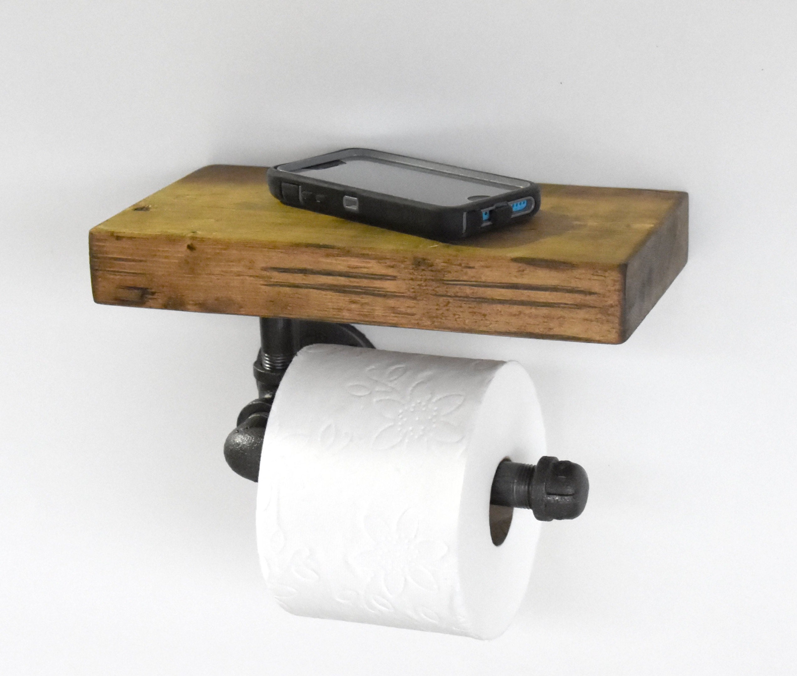 Industrial Pipe Design Toilet Paper Holder with Shelf, Grey Wood – MyGift