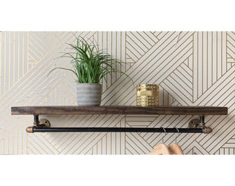 Brass & Iron Laundry Room Shelf with Towel Bar, Floating Farmshelf