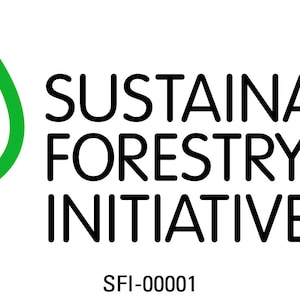 May include: A green leaf with a stylized tree inside, with the text "SUSTAINABLE FORESTRY INITIATIVE" and "SFI-000001" below.