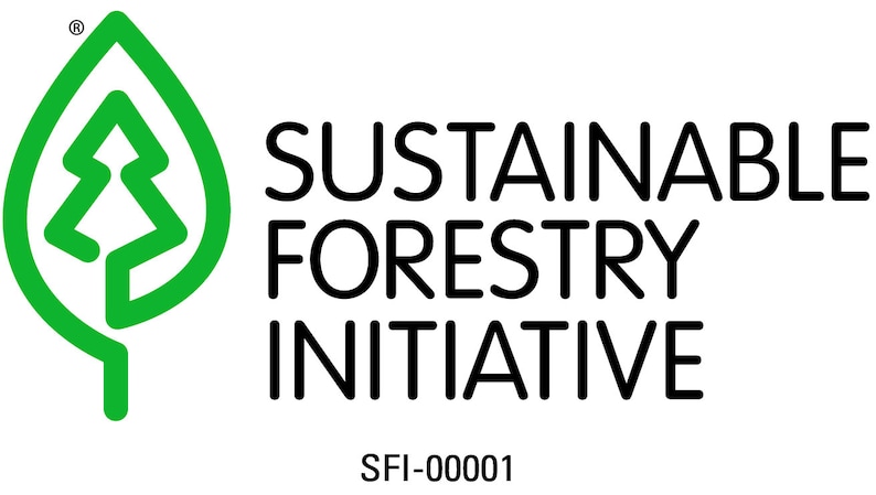 May include: A green leaf with a stylized tree inside, with the text "SUSTAINABLE FORESTRY INITIATIVE" and "SFI-000001" below.