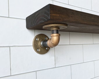 Brass Pipe Bracket Floating Shelf: Farmhouse Rustic Wood Wall Decor