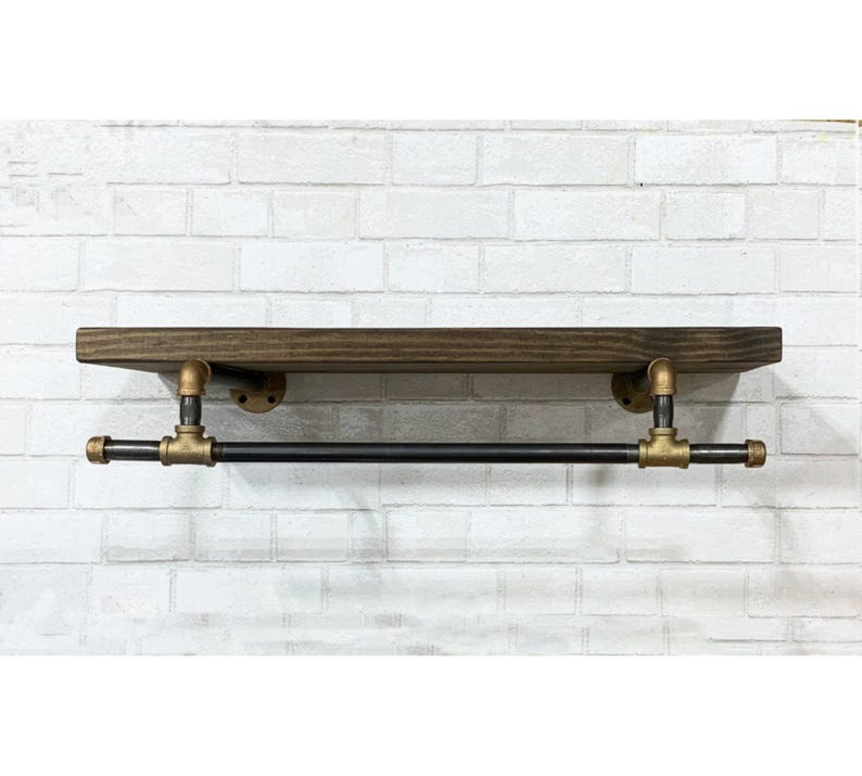 Rustic Brass & Iron Laundry Shelf: Industrial Floating Bookcase with Lower Bar image 7