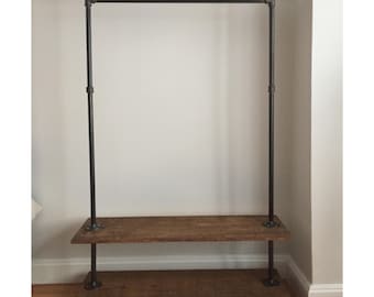 Industrial Pipe Garment Rack, Rolling Clothing Rack with Rustic Wood Shelves