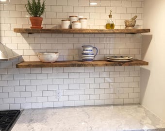 Rustic Floating Shelf with Pipe Brackets | Industrial Farmhouse Wall Shelf | Custom Kitchen & Bathroom Shelving
