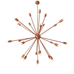 May include: A copper-toned chandelier with multiple arms extending outward, each ending in a light bulb. The chandelier has a starburst design.