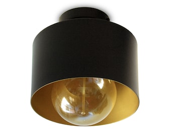 LENA - Black flush mount ceiling lamp with elegant gold interior | Modern ceiling or wall lamp metal shade