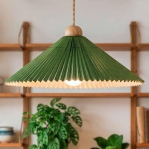 May include: A green pleated paper pendant light with a wooden top and a light bulb. The light hangs from a natural rope cord. The shade has a scalloped edge. The background includes wooden shelves and plants.
