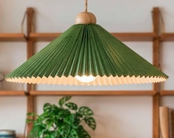 Lampa wisząca LUA z plisowanej tkaniny – 18,5-calowa lampa wisząca z drewnianym blatem, lampa sufitowa w stylu japońskim