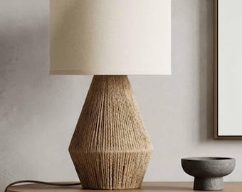 Lampa stołowa TUTU z naturalnego sznurka | Geometryczna podstawa z juty, lniany abażur, nadmorski styl boho