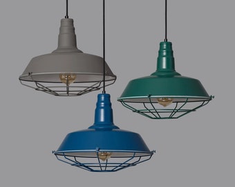 May include: Three pendant lights with wire cages, one gray, one green, and one blue.