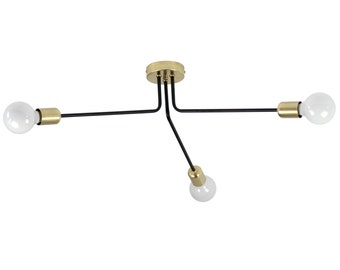 MARIE - Geometric brass and black ceiling lamp - Elegant lamp with 3 curved arms - Modern Mid Century Lighting