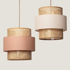 LILIAN - Rattan Cane Webbing Fabric Pendant Lampshade - Boho Chic Lighting Home Decor - Livingroom Hanging Pendant Light - Bamboo Chandelier