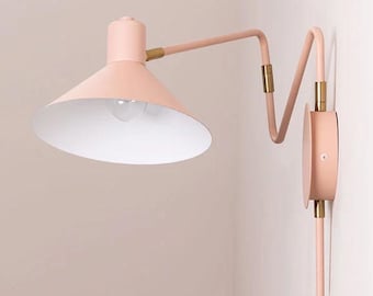 ARIKUK - Blush Pink Swing Arm Wall Sconce – Modern Industrial Bedside Lamp