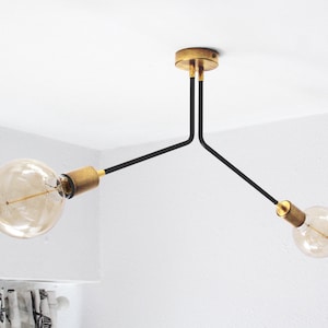 SIRA - Mid Century Modern ceiling lamp with two arms black and brass - Chandelier pendant light.