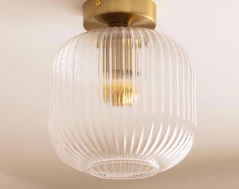 AROA - Glass Shade Flush Mount Ceiling Light: Mid Century Brass Accent