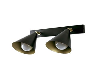 MILA - Lamp with two adjustable conical-shaped spotlights in black and matte gold finish - Vanity light - Ceiling fixture - Wall lamp