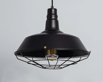 May include: Black pendant light with a cage-style shade and a single light bulb.