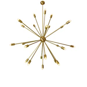 May include: A gold-toned metal chandelier with multiple arms extending outward, each ending in a light bulb. The chandelier has a starburst design.