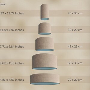 May include: A series of beige tube lamp shades of varying sizes, with blue interiors. The dimensions range from 7.87 x 13.77 inches to 27.56 x 7.87 inches. The image also includes the text "MEASURES * TUBE SHADE".
