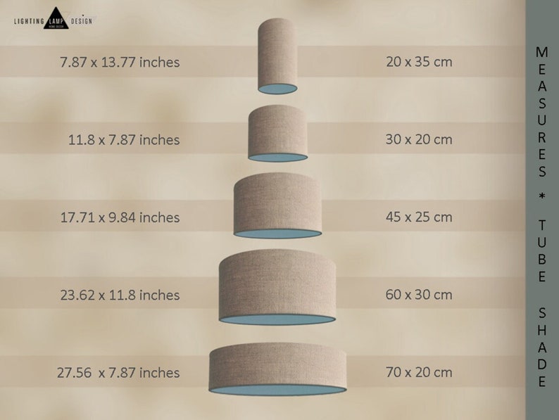 May include: A series of beige tube lamp shades of varying sizes, with blue interiors. The dimensions range from 7.87 x 13.77 inches to 27.56 x 7.87 inches. The image also includes the text "MEASURES * TUBE SHADE".
