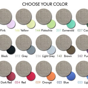 May include: Image displaying a color chart with the text "CHOOSE YOUR COLOR". The chart features circular fabric swatches in various colors, including pink, yellow, pistachio, and blue. Each swatch is labeled with a number and color name.