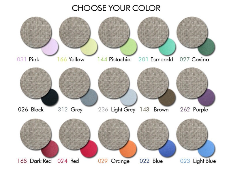 May include: Image displaying a color chart with the text "CHOOSE YOUR COLOR". The chart features circular fabric swatches in various colors, including pink, yellow, pistachio, and blue. Each swatch is labeled with a number and color name.