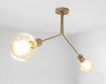 SIRA - Mid Century Modern two-light ceiling lamp with two brass arms - Chandelier pendant light.