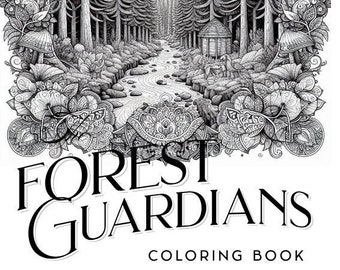 May include: Black and white coloring book cover with an intricate illustration of a forest scene. The cover features a winding river, trees, a small cabin, and a mandala design. The title "FOREST GUARDIANS COLORING BOOK" is printed in bold, black letters.