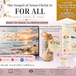 Könnte beinhalten: Ein digitales Lehrmaterial mit dem Titel The Gospel of Jesus Christ Is FOR ALL von Präsident Dallin H. Oaks. Enthält einen Laptop mit Präsentationsfolien, eine Glasflasche mit Sand, Muscheln und einem Schildkrötenanhänger sowie gedruckte Handouts.