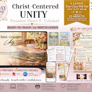 Puede incluir: Un kit de enseñanza digital titulado Christ-Centered Unity del presidente Dieter F. Uchtdorf, que incluye una computadora portátil con diapositivas, hojas de actividades imprimibles, marcapáginas y guías con motivos florales.